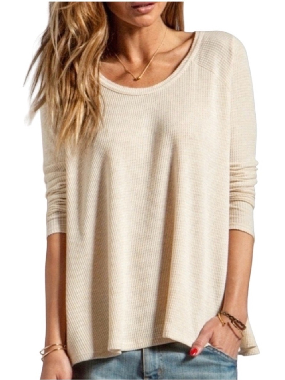 We The Free Cream Waffle Knit Scoop Neck Top